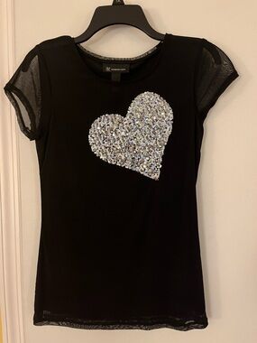 INC International Concepts Black Tee with Silver Sequin Heart